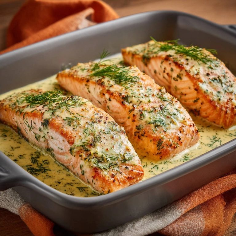 Saftiger Lachs in cremiger Dill-Zitronen-Soße aus dem Auflauf, mit frischem Dill garniert und in einer Soße serviert.