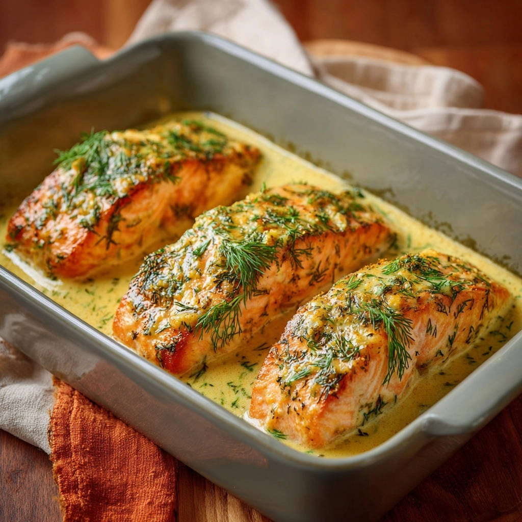 Saftiger Lachs in cremiger Dill-Zitronen-Soße, der im Backblech serviert wird und mit frischem Dill garniert ist.