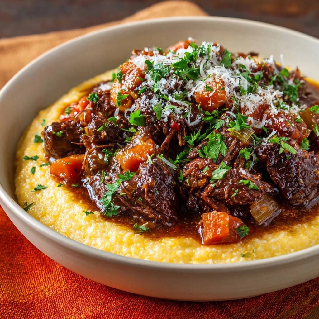 Herzhafter Schmorbraten auf cremiger Polenta, nahaufnahme des mit Petersilie und Parmesan garnierten Gerichts