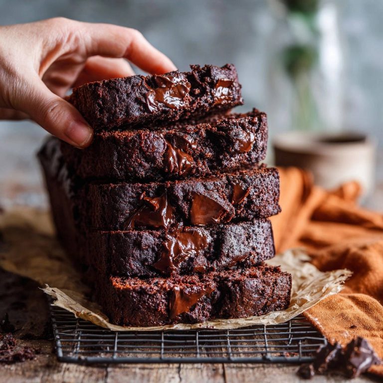 Saftiges Schoko-Bananen-Brot angeschnitten mit geschmolzener Schokolade, das auf einem Gitterrost zum Abkühlen liegt.