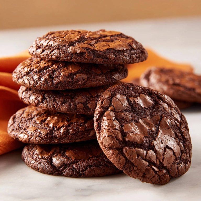 Ultimative Schoko Crinkle Cookies zeigen ihre rissige Textur in einem Nahaufnahme-Stapel auf einem Marmortisch.