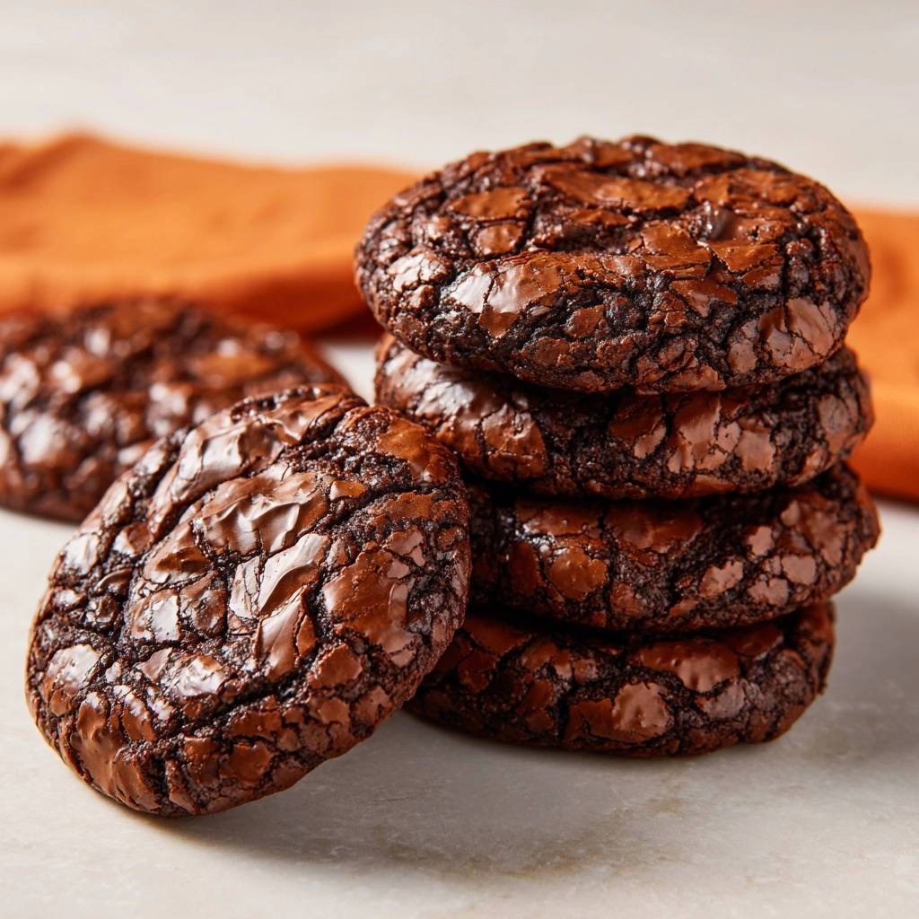 Ultimative Schoko Crinkle Cookies, ein Stapel von dunklen, rissigen Keksen nah aufgenommen auf einer hellen Oberfläche.