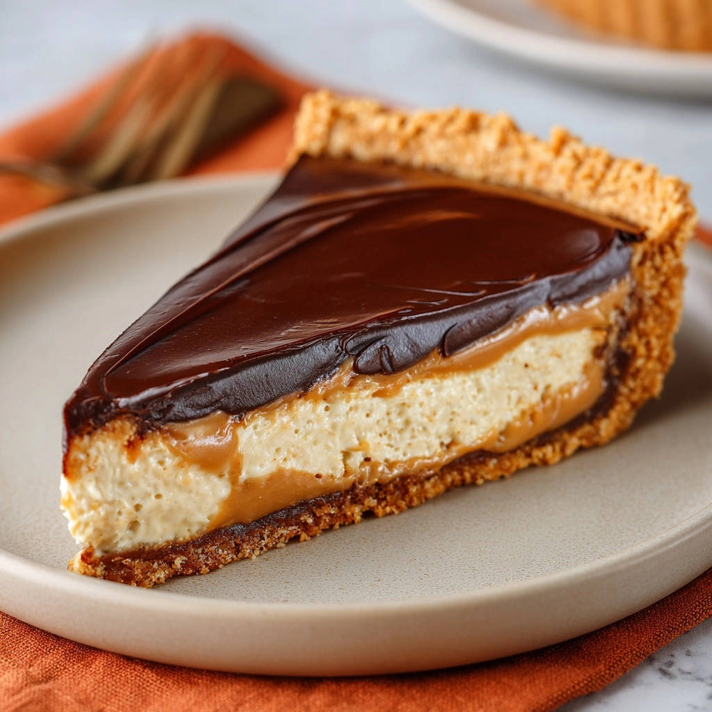 Schoko-Karamell-Cheesecake-Tarte im Anschnitt mit sichtbaren Karamell- und Käsekuchenschichten auf einem Teller.