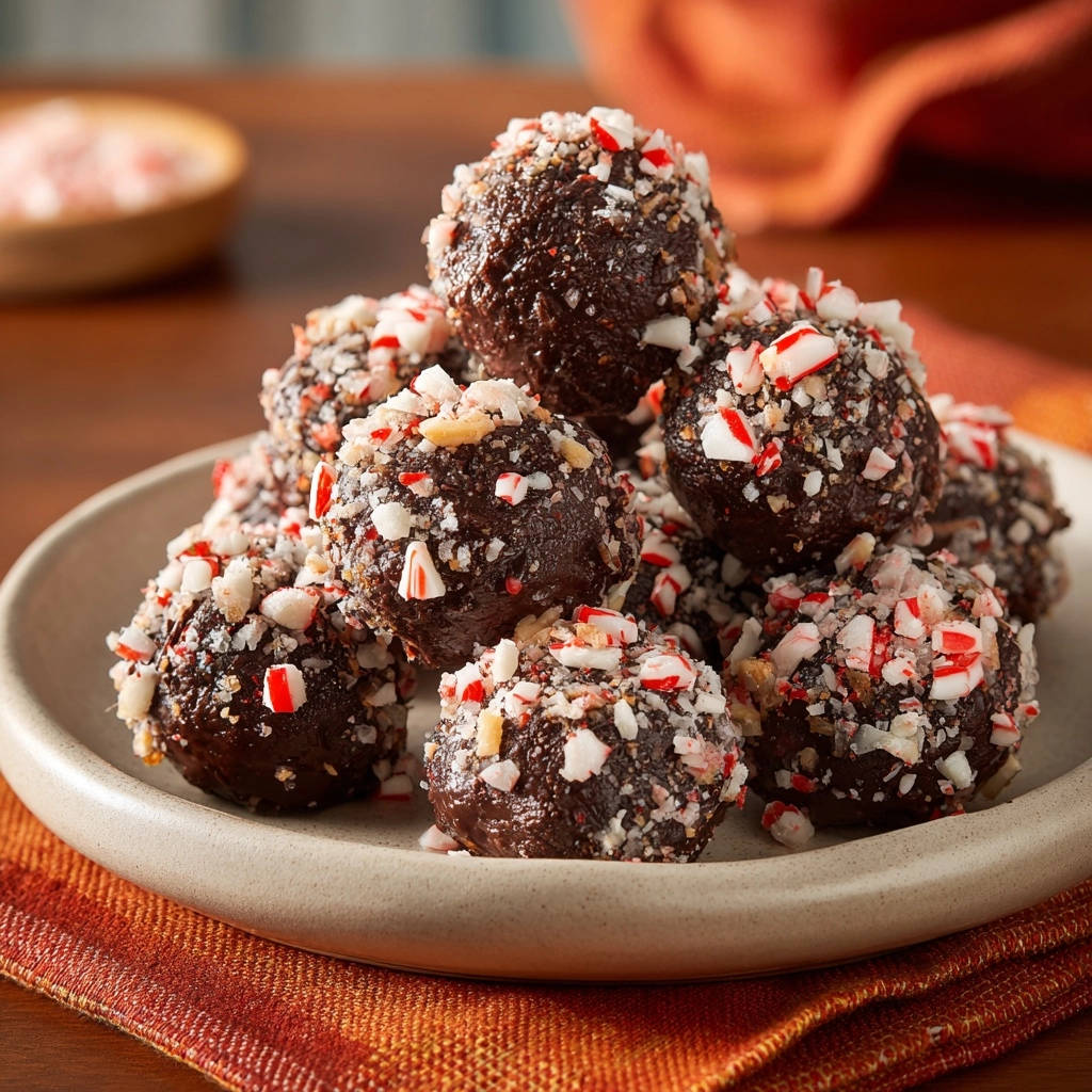 Weihnachtliche Schoko-Minz-Trüffel mit zerstoßenen Pfefferminzbonbons und Schokoladenraspeln garniert auf einem Teller