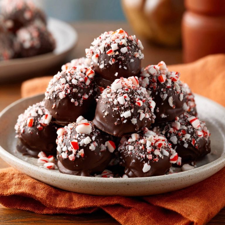 Weihnachtliche Schoko-Minz-Trüffel, kunstvoll garniert mit zerkleinerten Pfefferminzbonbons und Schokoglasur, auf einem Teller arrangiert.