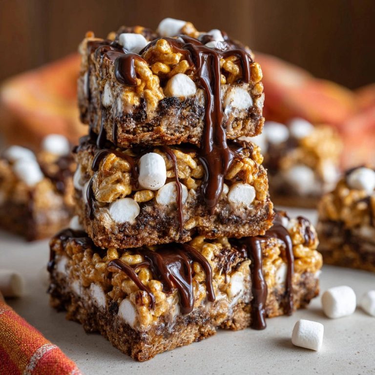 S’mores Crunch Bars: gestapelt und mit glänzendem Schokoladenguss beträufelt, zeigen sie ihre unwiderstehliche Textur.