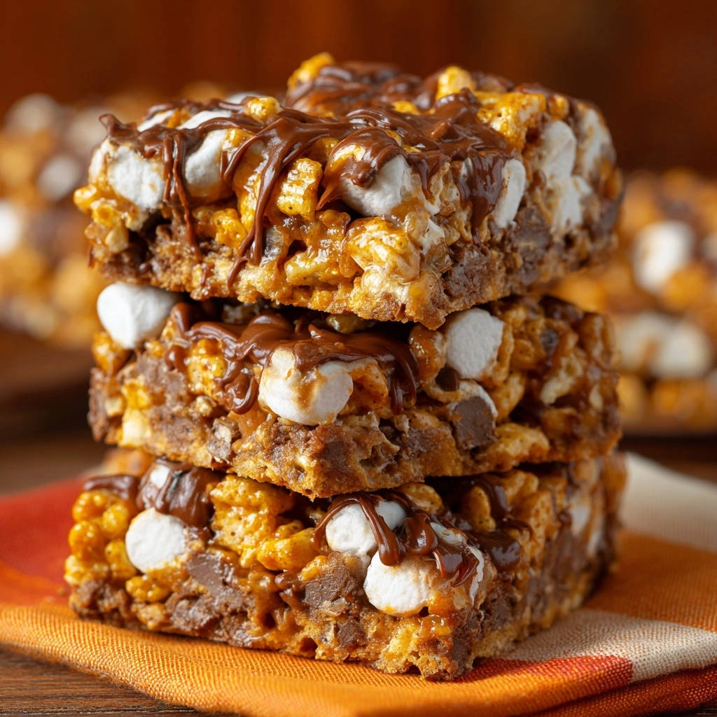 S’mores Crunch Bars: Ein Stapel unwiderstehlicher S’mores Crunch Bars mit geschmolzenen Marshmallows und Schokoladenguss.