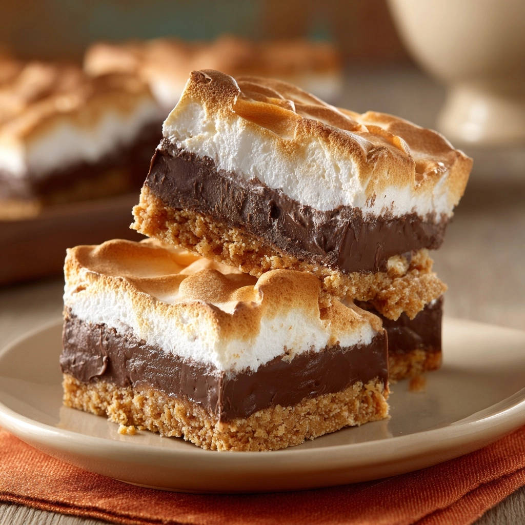 S'mores Riegel mit verführerisch cremiger Schokoladenschicht und gebackener Marshmallow-Decke, angeschnitten auf einem Teller