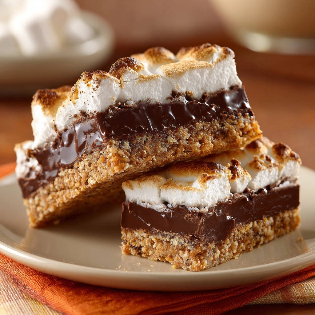 S’mores Riegel mit verführerisch cremigen Schichten, angeschnitten und als Nahaufnahme auf einem Teller serviert.