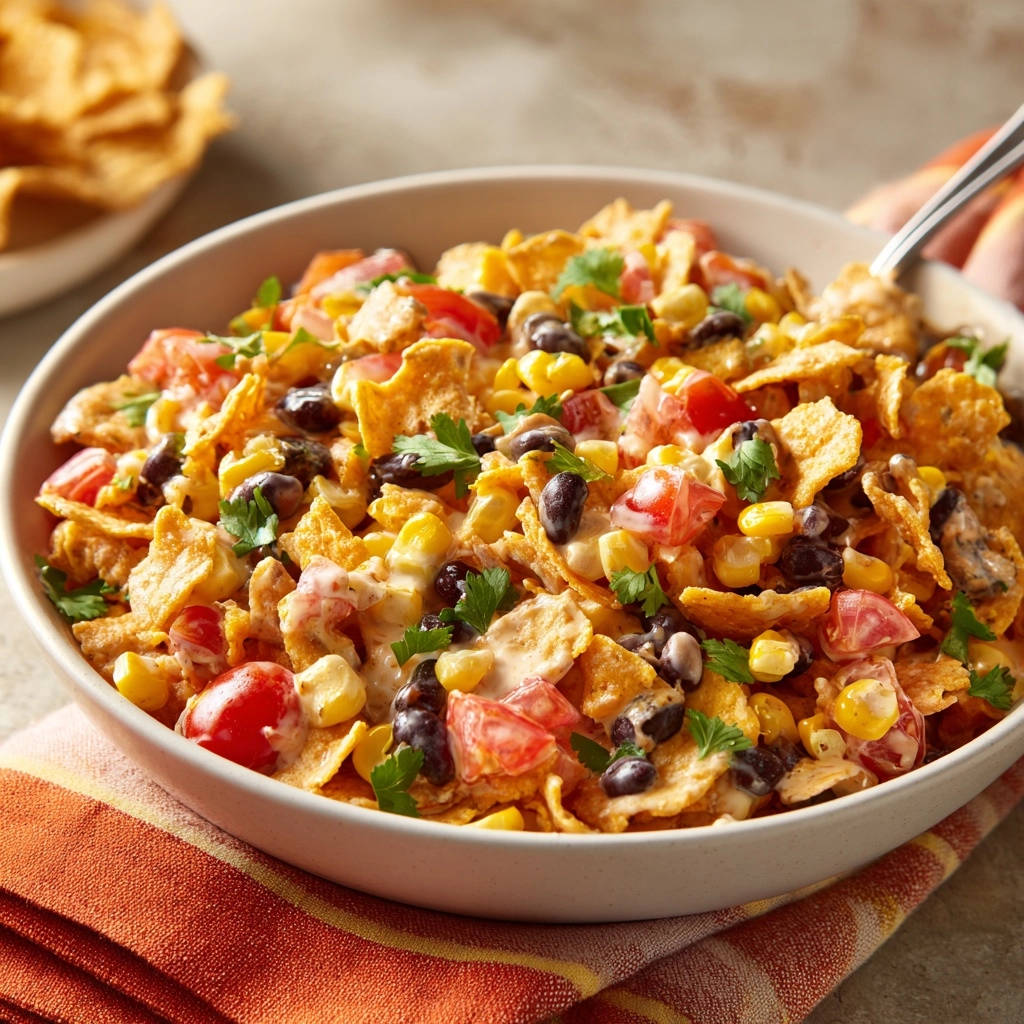 Sommerliche Fiesta Crunch-Bowl, eine Nahaufnahme der Zutaten wie Mais, schwarze Bohnen und Tomaten, vermischt mit knusprigen Flocken.