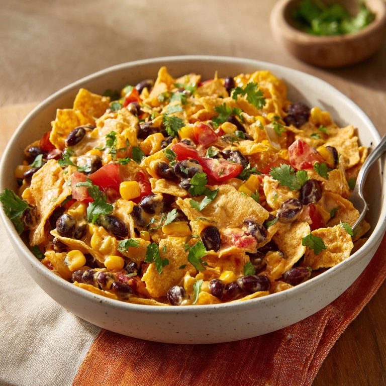 Sommerliche Fiesta Crunch-Bowl, Nahaufnahme einer Schüssel mit Mais-Chips, schwarzen Bohnen, Mais und Tomaten, garniert mit Koriander.