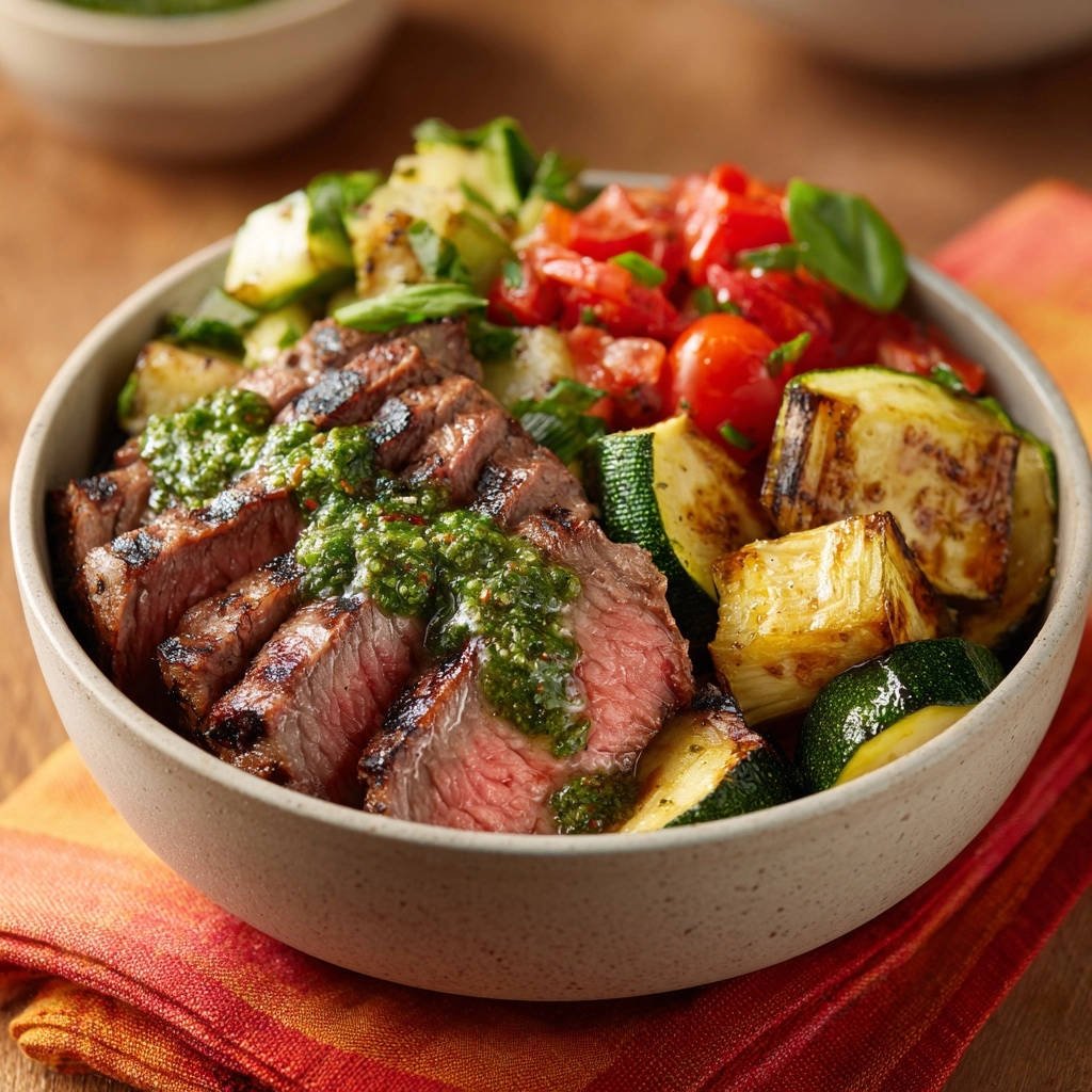 Saftige Steak-Bowl mit Chimichurri, nahaufnahme der geschnittenen Steakstreifen mit frischem Grün übergossen.
