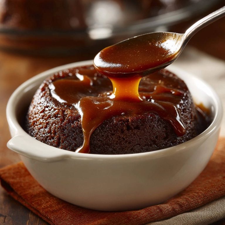Saftige Toffee-Küchlein mit flüssiger Karamellsauce, die von einem Löffel auf die Küchlein tropft.