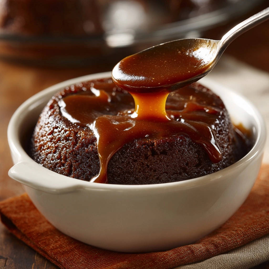 Saftige Toffee-Küchlein mit flüssiger Karamellsauce, die von einem Löffel auf die Küchlein tropft.