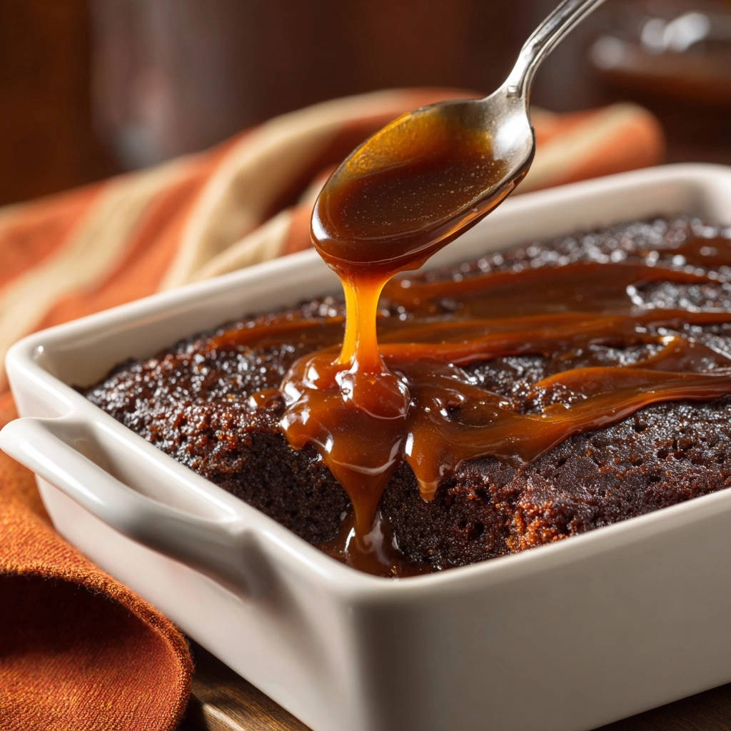 Saftige Toffee-Küchlein werden mit einer glänzenden Karamellsauce übergossen, die von einem Löffel tropft.