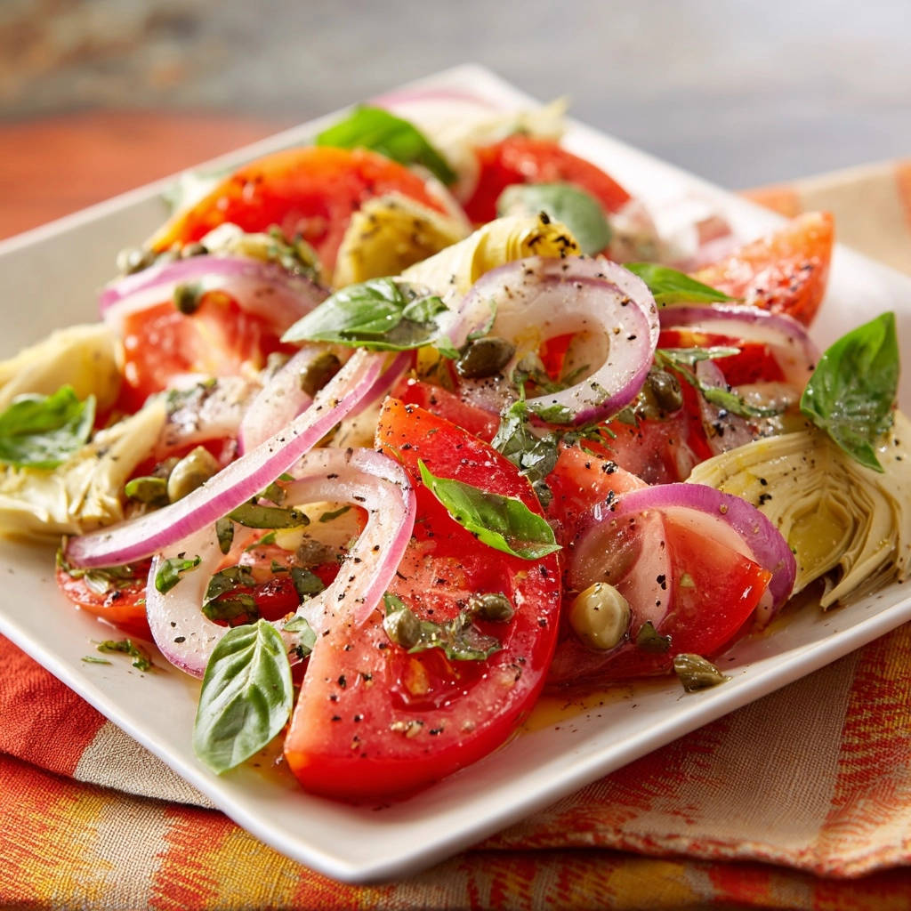 Frischer Tomaten-Artischocken-Salat mit roten Zwiebeln und Basilikum, Nahaufnahme des bunten Tellers.