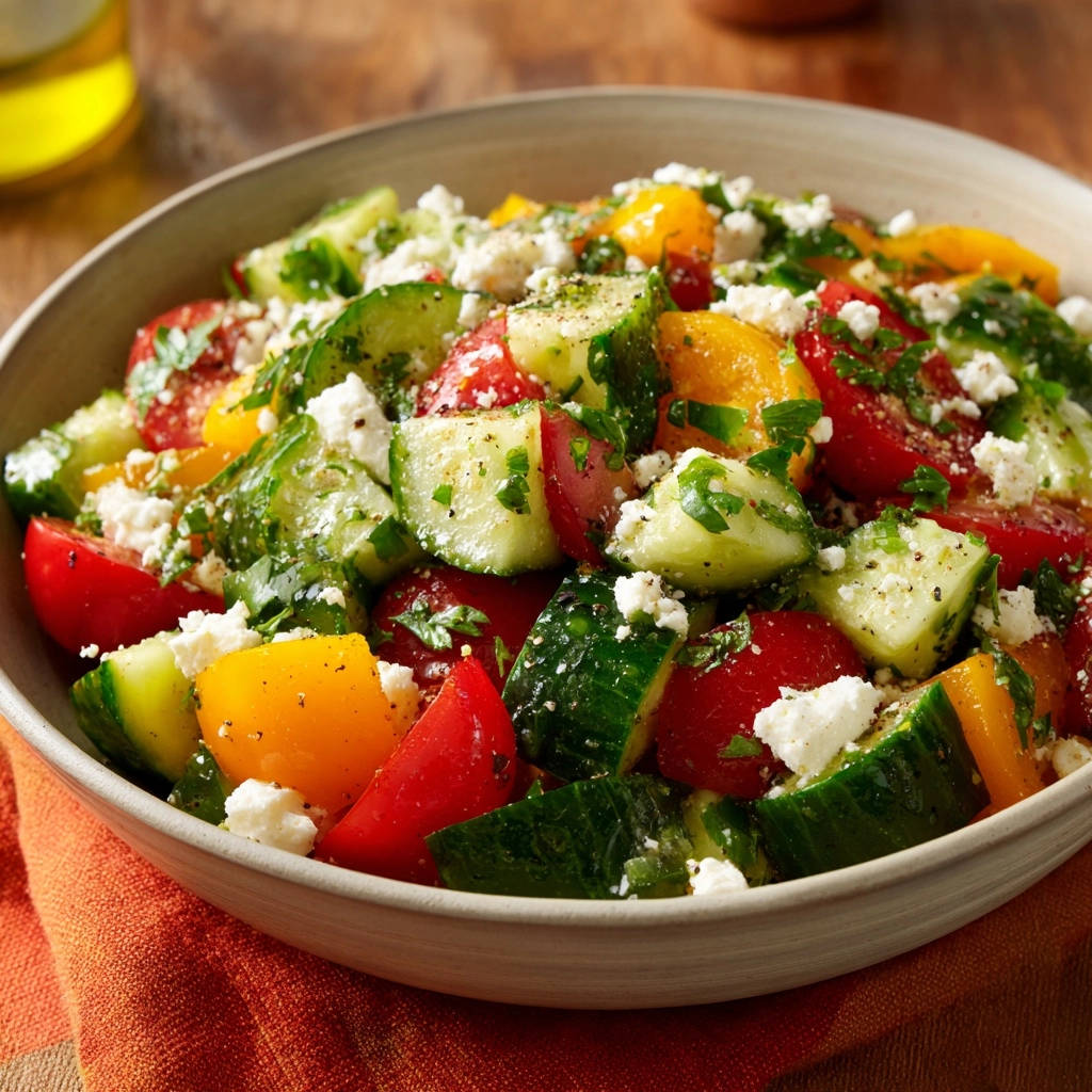 Sommerlicher Tomaten-Gurken-Feta-Salat mit frischen Kräutern und zerbröseltem Feta, nahaufnahme der knackigen Zutaten.