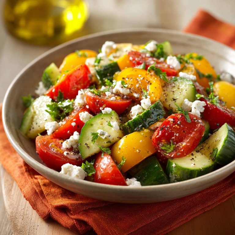 Sommerlicher Tomaten-Gurken-Feta-Salat in einer Schüssel, Nahaufnahme mit viel Feta und Kräutern.