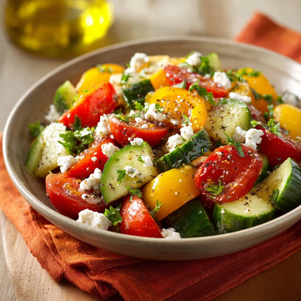 Sommerlicher Tomaten-Gurken-Feta-Salat in einer Schüssel, Nahaufnahme mit viel Feta und Kräutern.