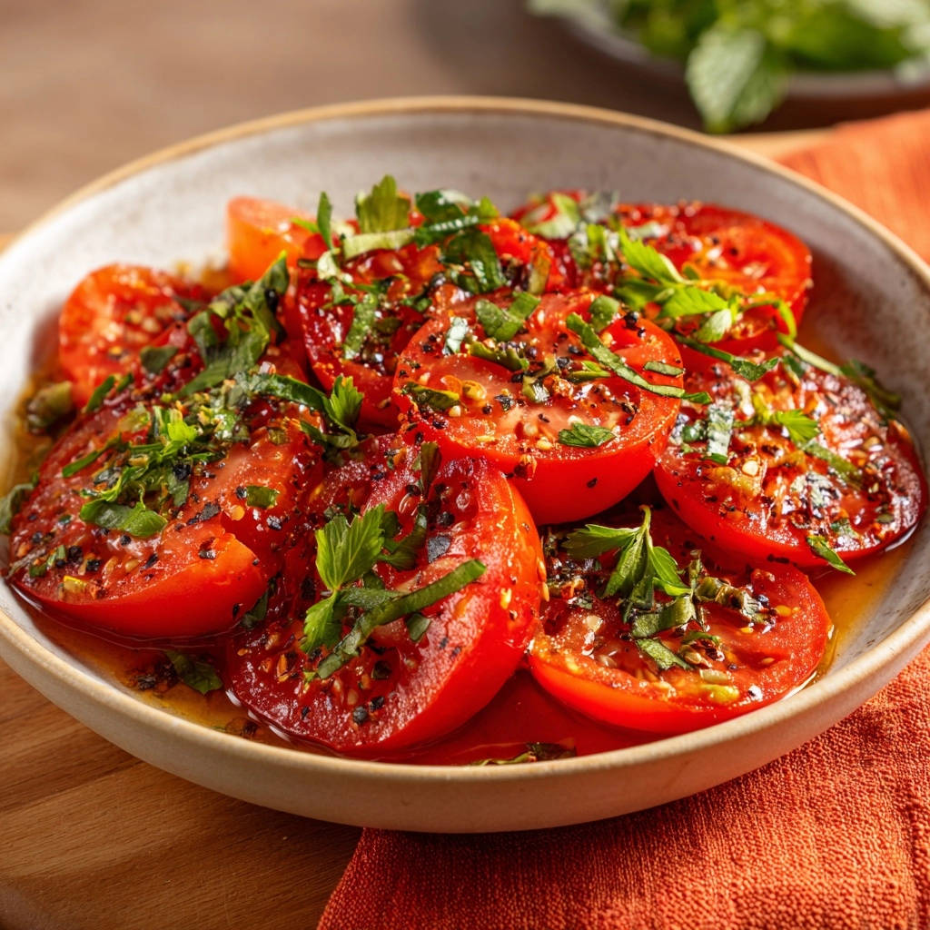 Mediterraner Tomatensalat mit Kräuter-Vinaigrette, nah aufgenommen und mit frischen Kräutern garniert.