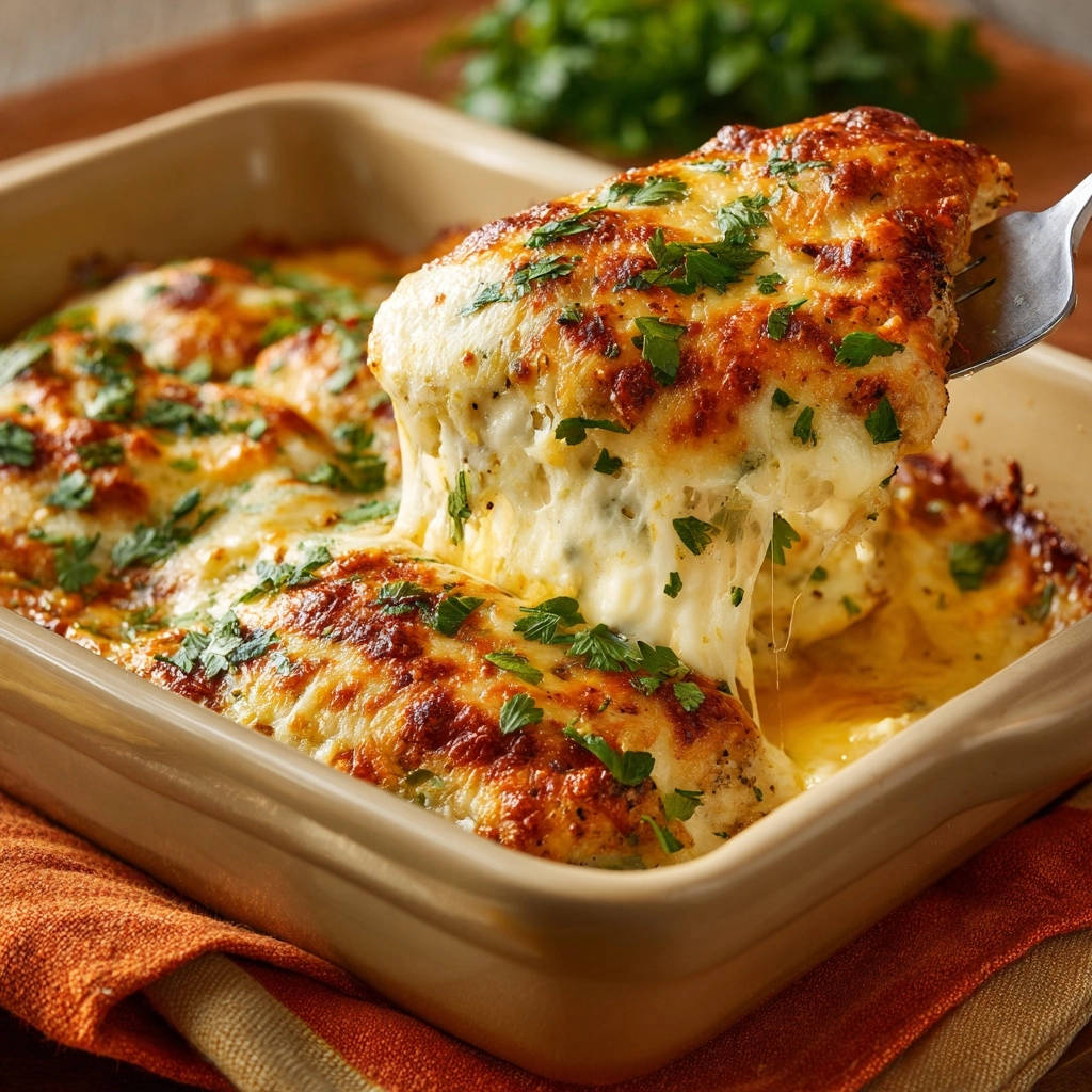 Überbackenes Kräuter-Hähnchen mit zart schmelzendem Käse, das von einer Gabel gezogen wird.