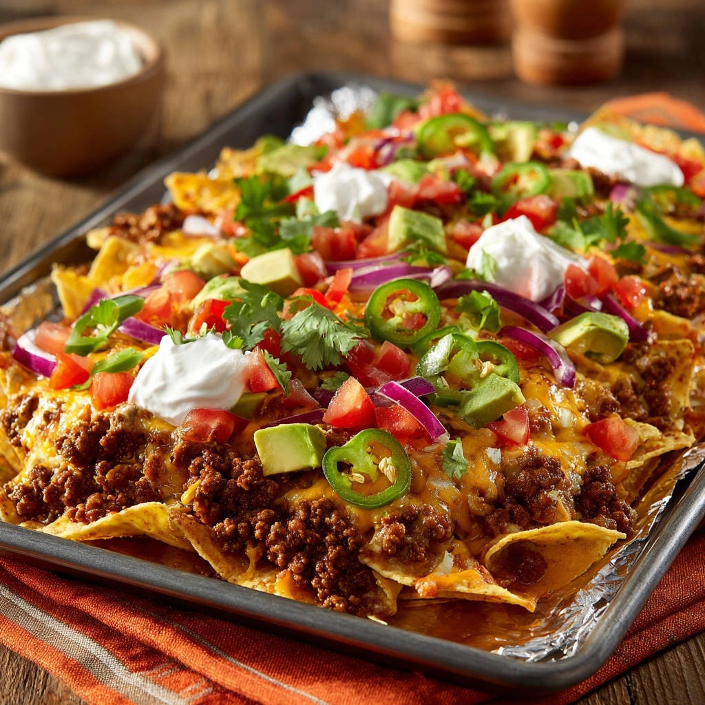Ultimative Loaded Nachos mit Hackfleisch, Käse, Avocado und Jalapeños, detailreich garniert auf einem Backblech.