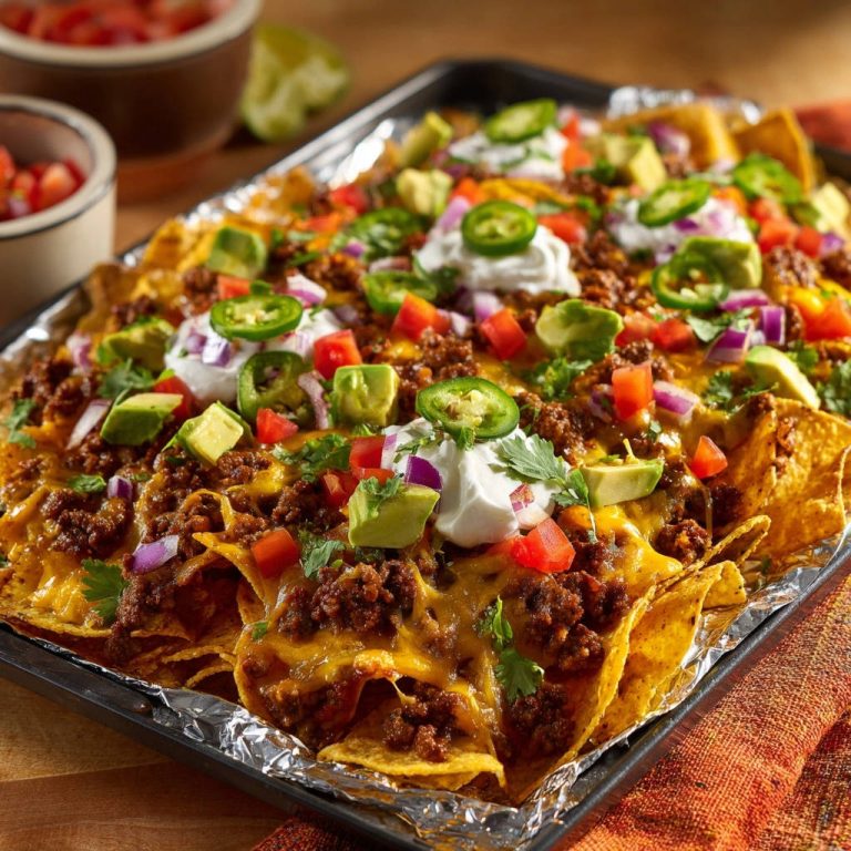 Ultimative Loaded Nachos mit Rinderhackfleisch, Avocado und Sauerrahm, detailreich garniert auf einem Backblech.
