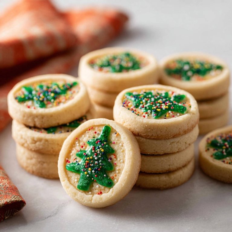 Weihnachtsbaum-Butterkekse mit detaillierter grüner Glasur und bunten Streuseln auf einem runden Keks.