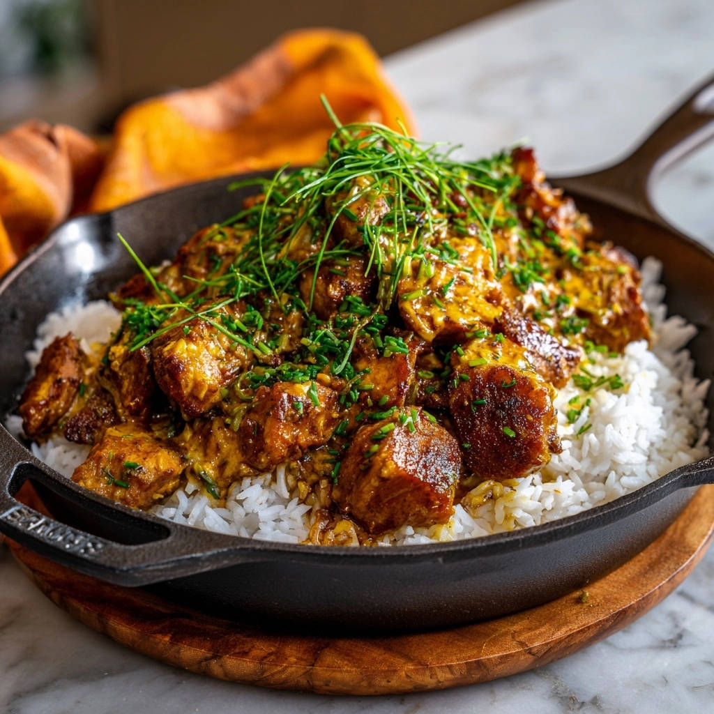 Würziges Hähnchenpfanne mit Reis, serviert in einer Gusseisenpfanne und mit frischen Kräutern garniert.