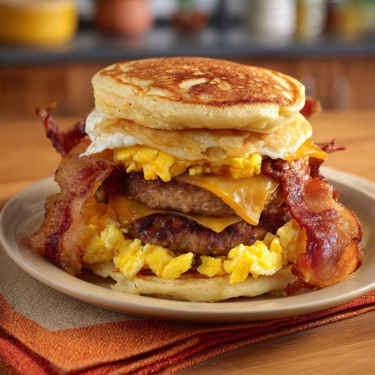 Der ultimative XXL-Frühstücks-Stapel mit Speck, Ei und Würstchen auf Pfannkuchen, nahaufnahme