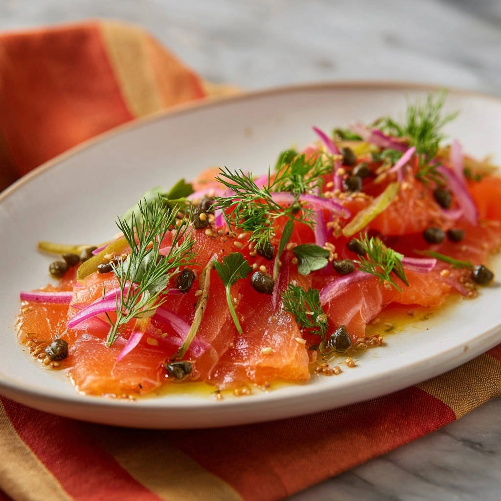 Zarter Lachs mit Kapern und Dill, elegant garniert mit roten Zwiebeln und frischen Kräutern auf einem Teller.