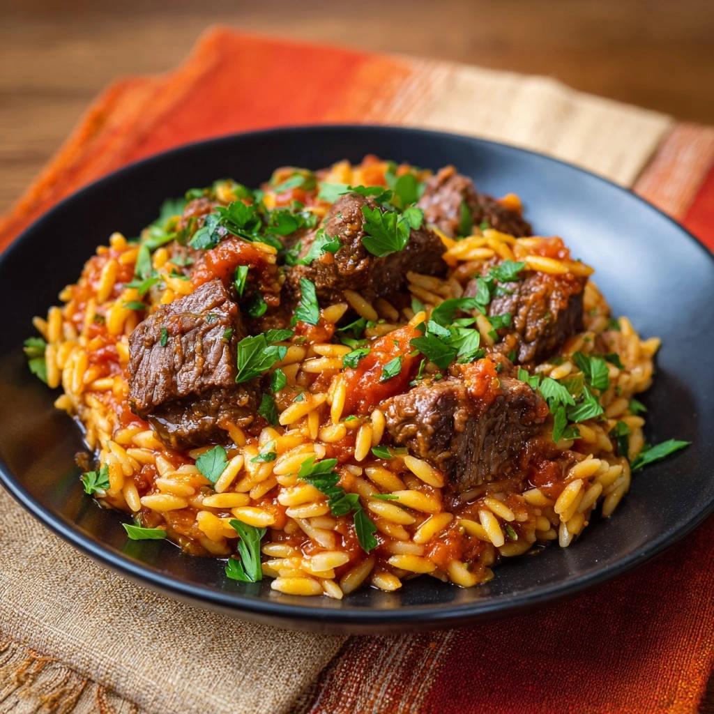 Zarter Rindertopf mit Orzo, eine Nahaufnahme des Gerichts mit Rindfleischwürfeln, Orzo-Nudeln und frischer Petersilie garniert.