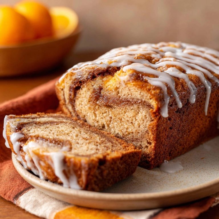 Zimt-Swirl-Rührkuchen angeschnitten auf einem Teller, mit saftigem Inneren und weißer Glasur verziert.