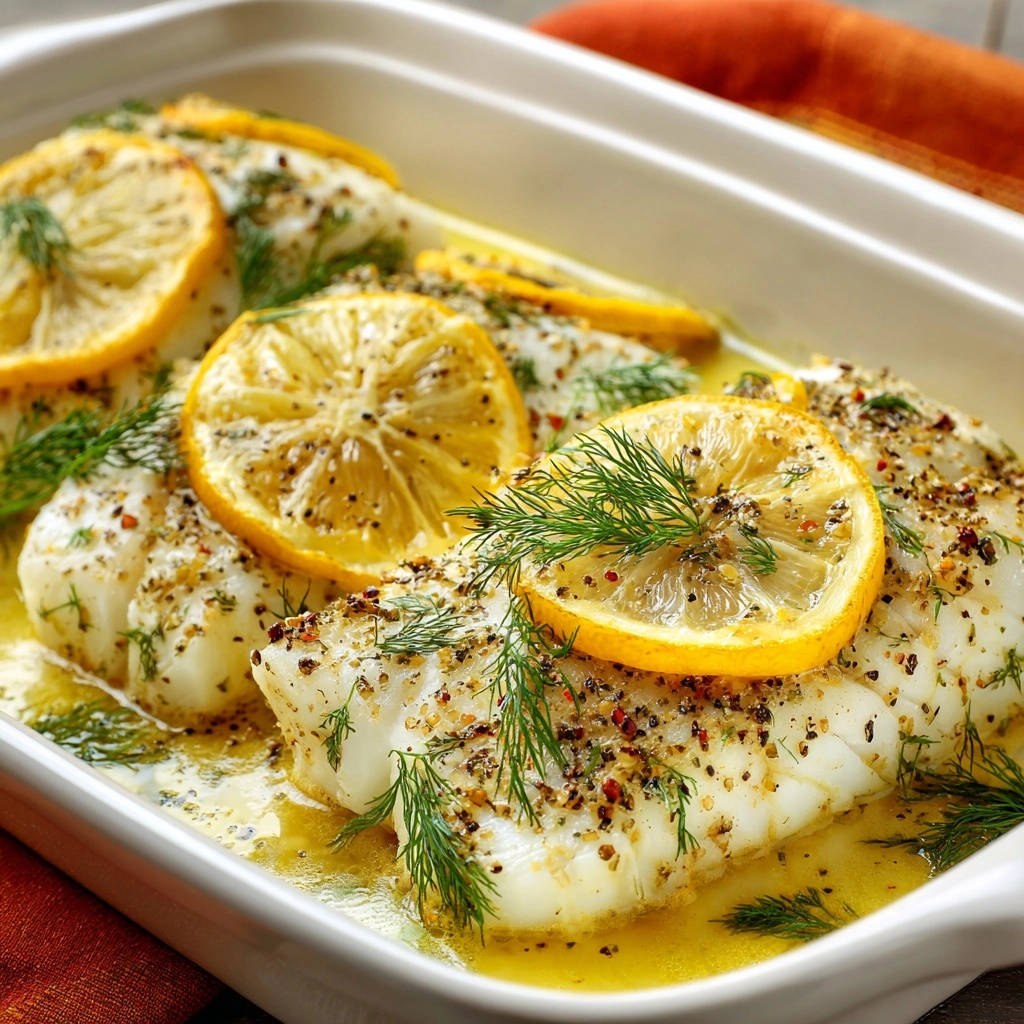Zitronen-Dill-Ofenfisch aus der Auflaufform mit Zitronenscheiben und Dill garniert