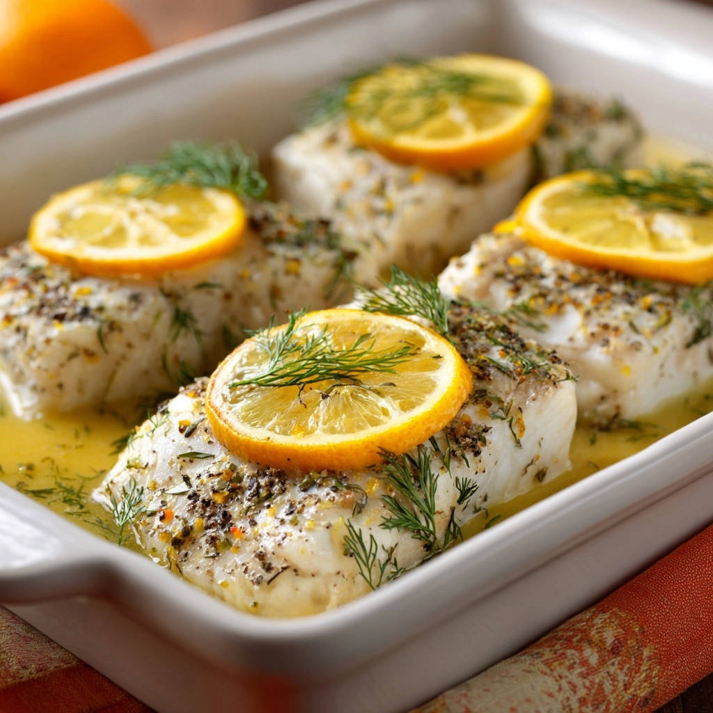 Zitronen-Dill-Ofenfisch mit Zitrone und Dill garniert in einer Auflaufform, Nahaufnahme