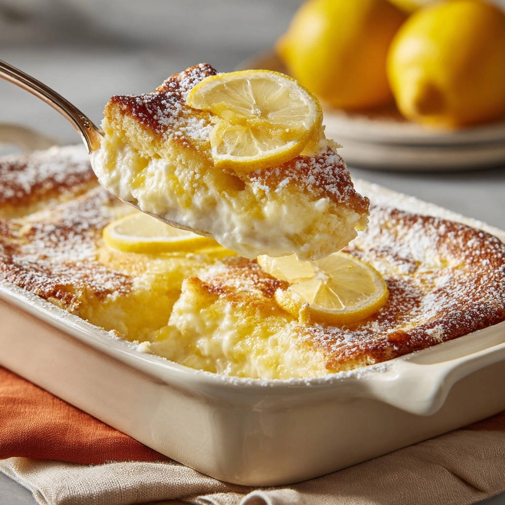 Zitronen-Puddingkuchen, angeschnitten und mit frischen Zitronenscheiben und Puderzucker garniert, zeigt die zarte Textur.