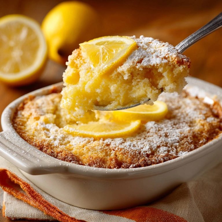 Zitronen-Puddingkuchen als Nahaufnahme einer Portion, die mit Puderzucker bestäubt und mit Zitronenscheiben garniert ist.