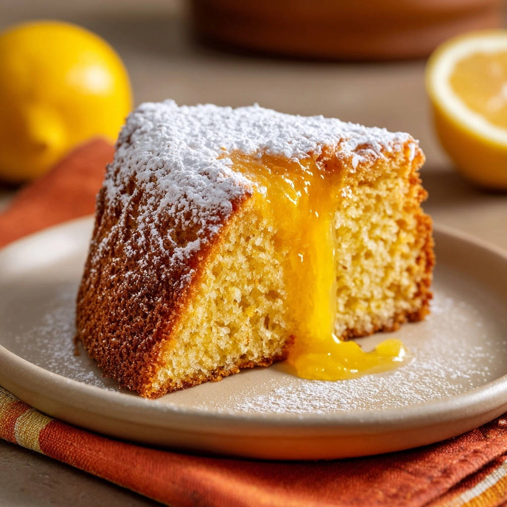 Zitronenkuchen mit cremigem Kern, angeschnitten mit Puderzucker bestäubt und Zitronenfüllung, die herausläuft