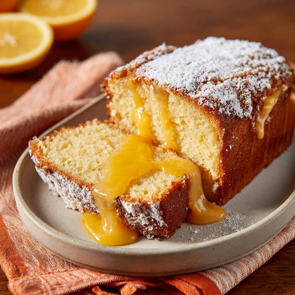 Zitronenkuchen mit cremigem Kern angeschnitten, zeigt den saftigen Innenkern und die Puderzuckerdecke.