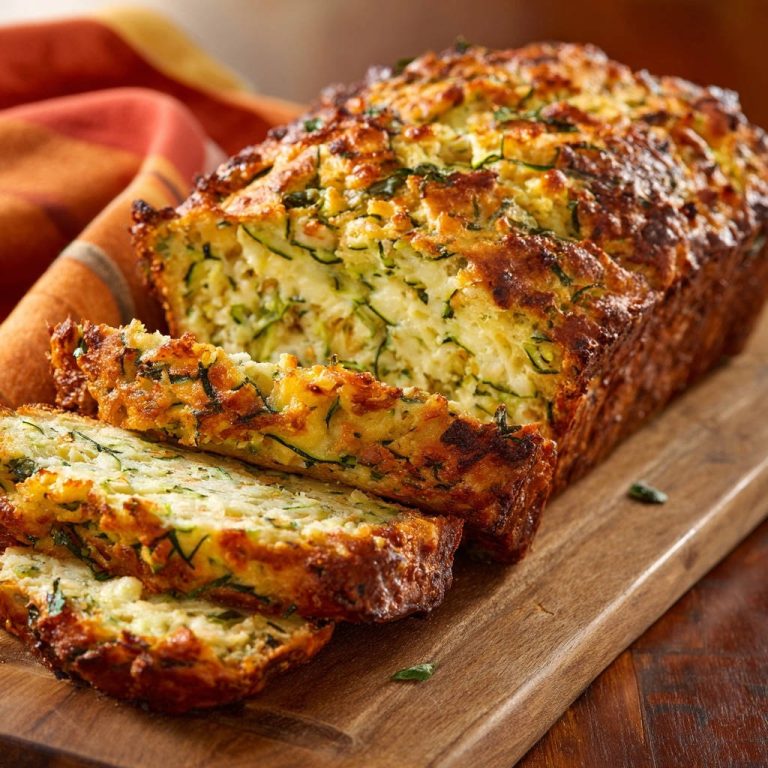 Herzhaftes Zucchini-Käse-Brot angeschnitten auf einem Holzbrett, Nahaufnahme der saftigen Krume und Kruste.
