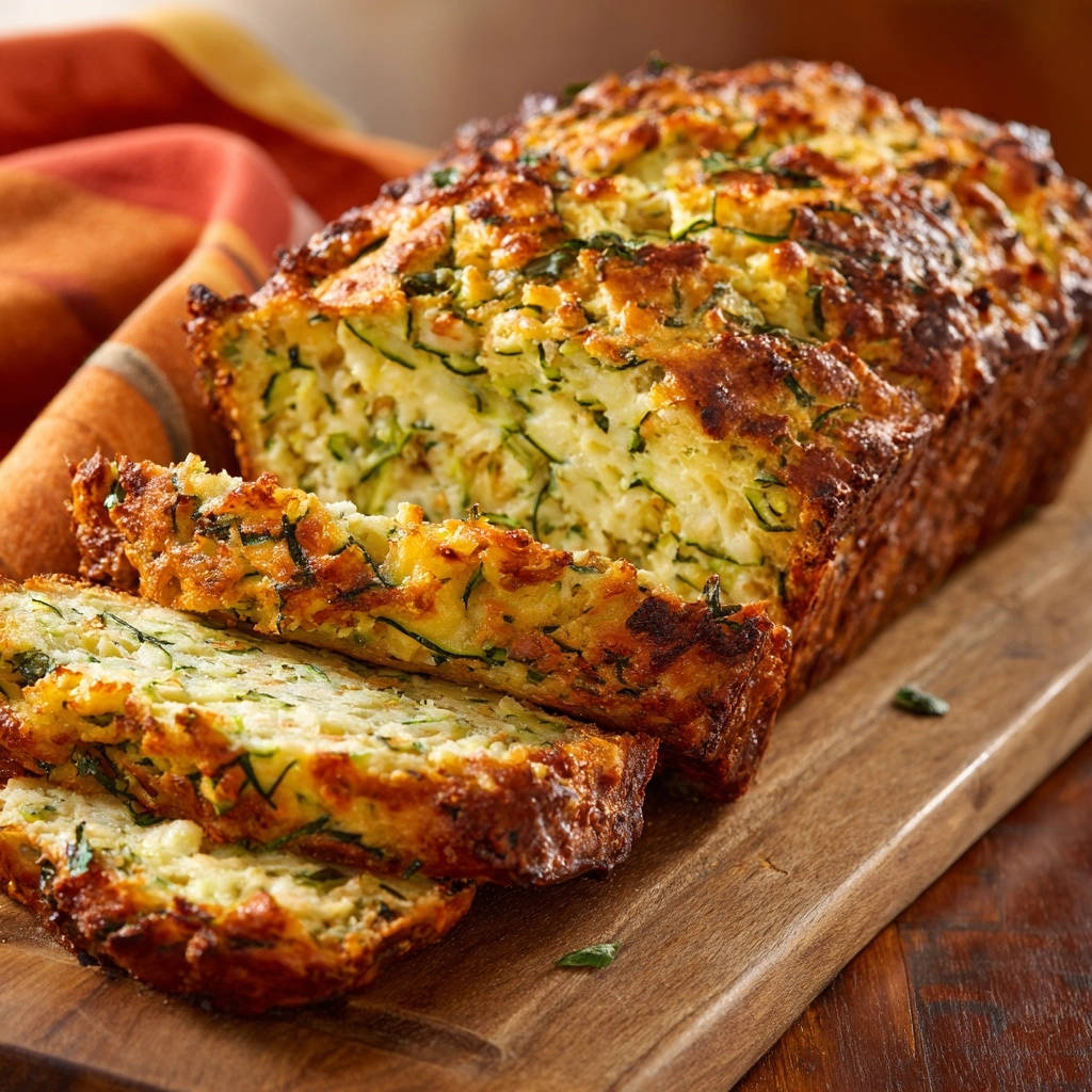 Herzhaftes Zucchini-Käse-Brot angeschnitten auf einem Holzbrett, Nahaufnahme der saftigen Krume und Kruste.