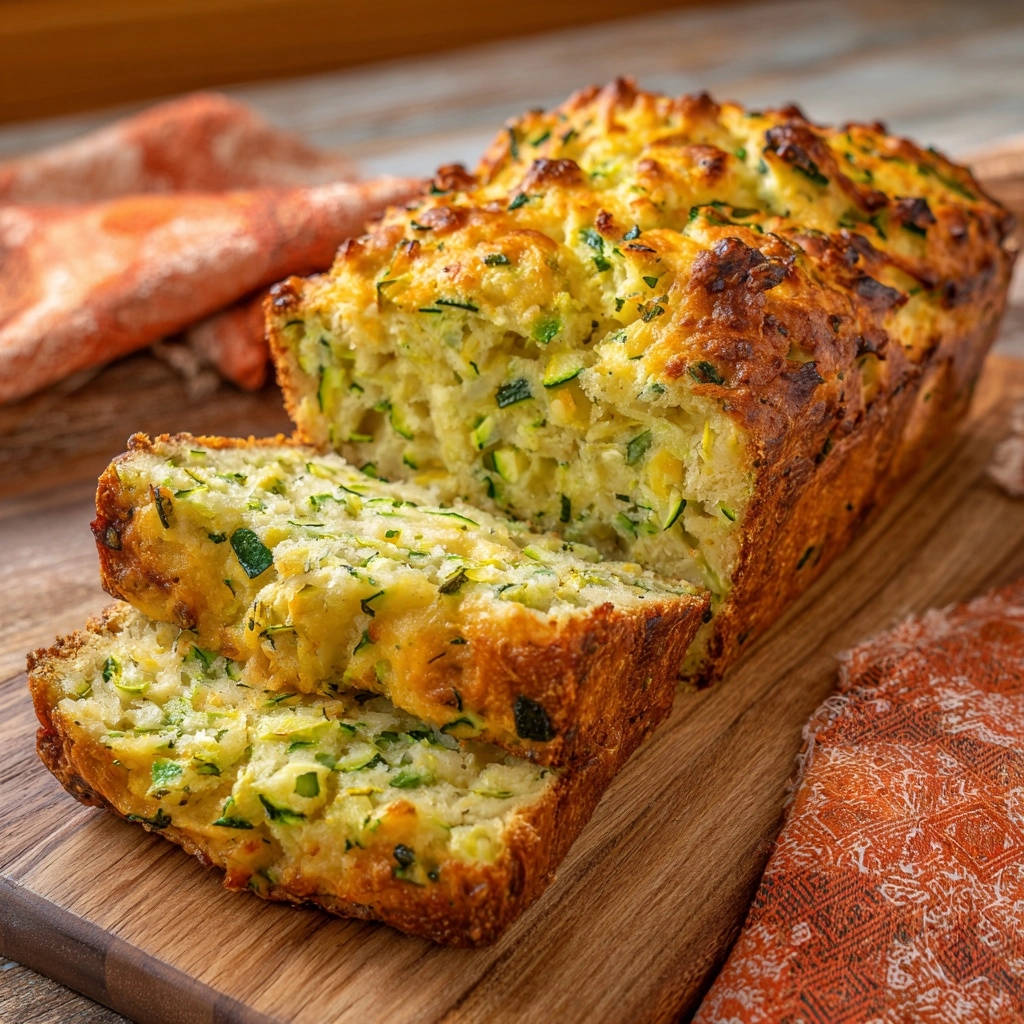 Herzhaftes Zucchini-Käse-Brot angeschnitten, das den saftigen Querschnitt mit sichtbaren Zucchini-Stückchen zeigt.