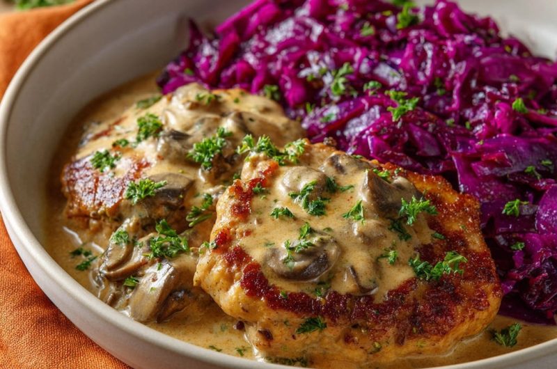 Geflügelschnitzel mit cremiger Champignonrahmsoße und Rotkohl