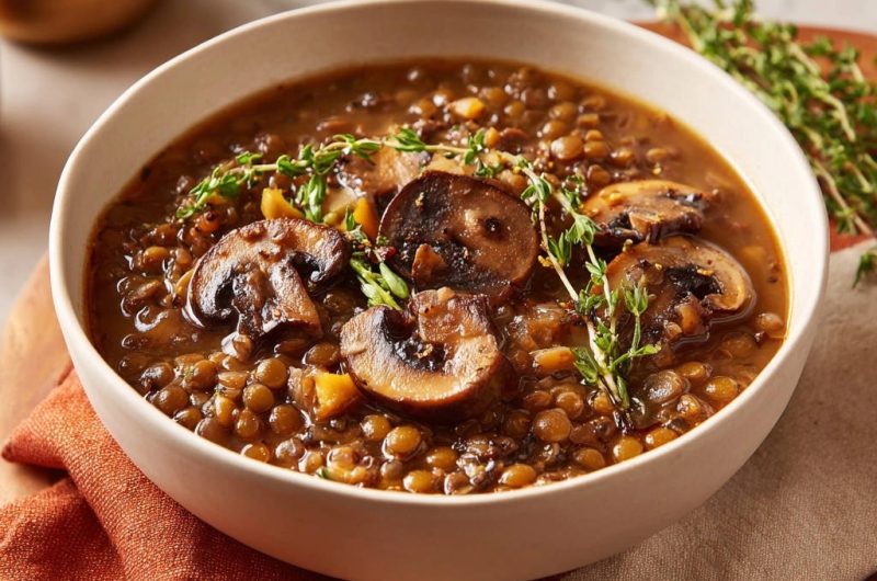 Herzhafte Linsensuppe mit Pilzen und Thymian