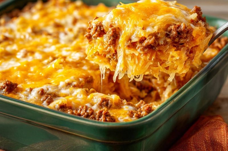Herzhafter Spaghetti-Kürbis-Hack-Auflauf
