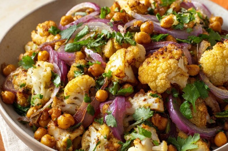 Knuspriger Ofen-Blumenkohl mit Kichererbsen und Roten Zwiebeln