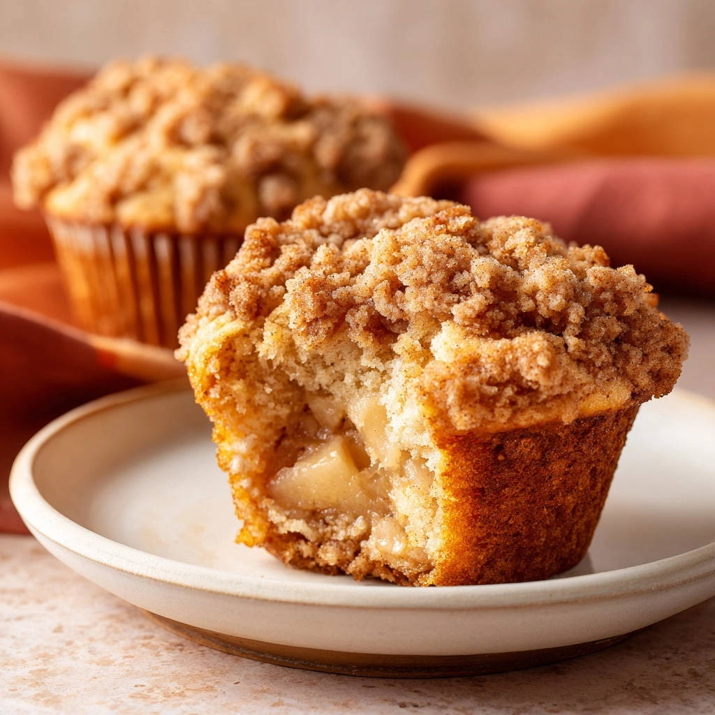 Saftige Apfel-Crumble-Muffins angeschnitten, die den gebackenen Apfelkern und die krümelige Streuseldecke zeigen.