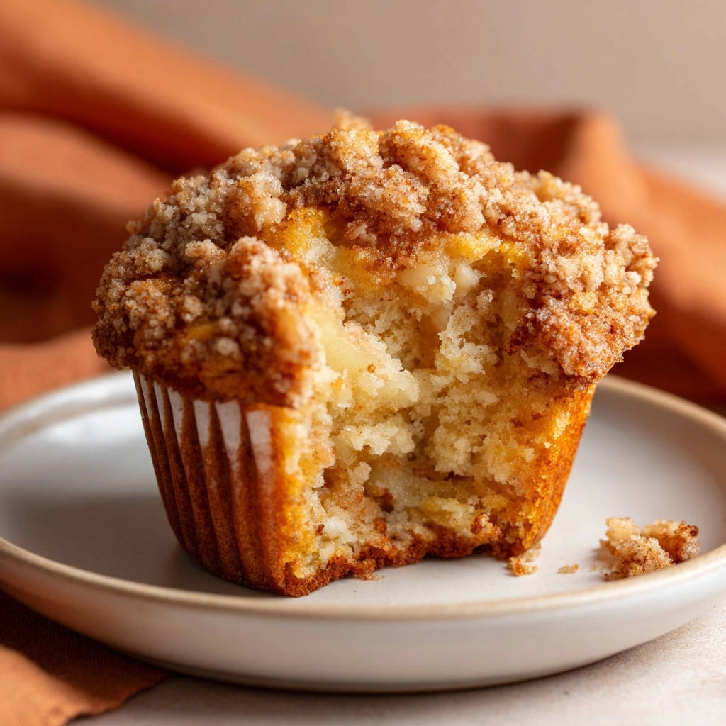 Saftige Apfel-Crumble-Muffins angeschnitten, mit sichtbaren Apfelstückchen und Zimtstreuseln, auf einem Teller serviert.