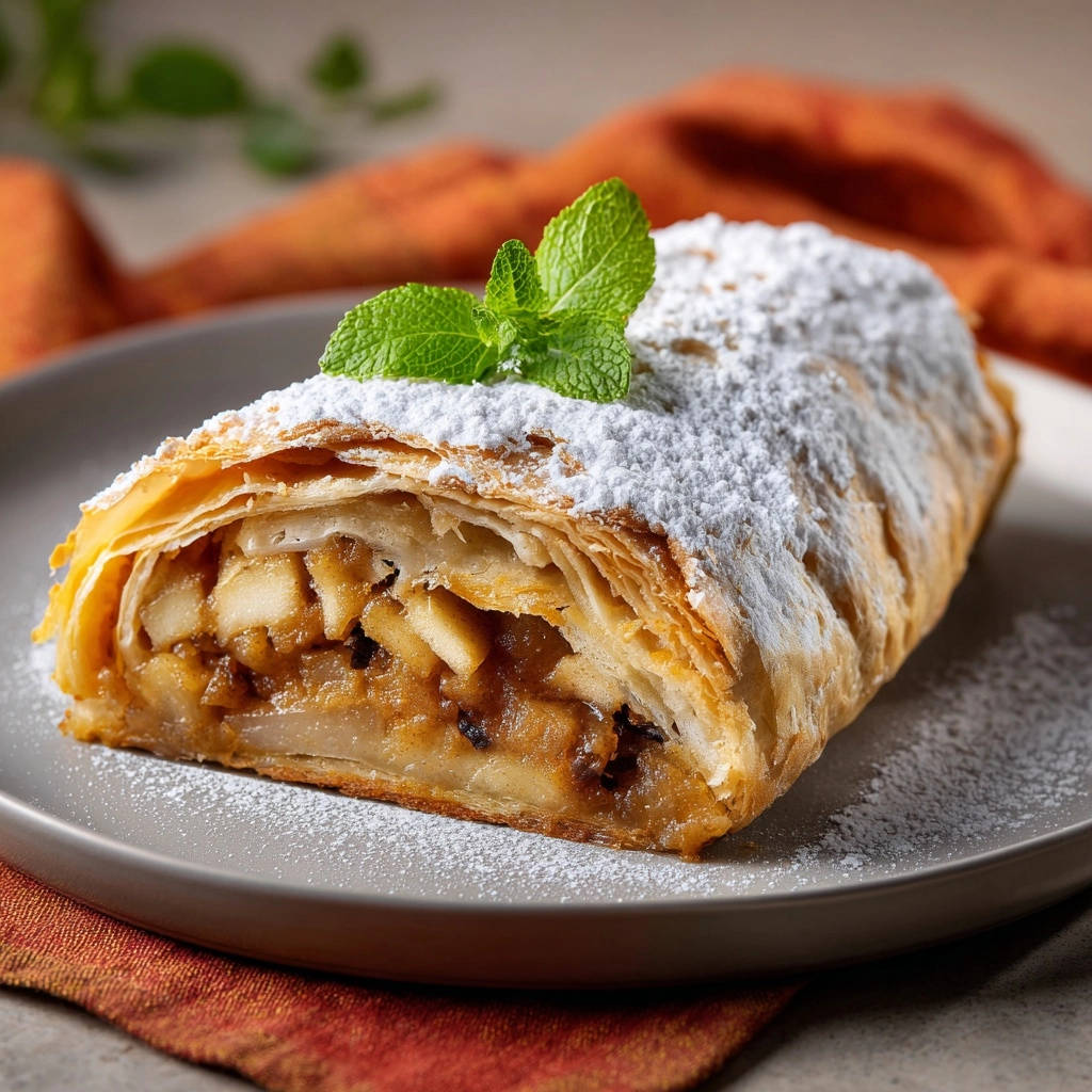 Apfelstrudel wie vom Konditor, angeschnitten und mit Puderzucker bestäubt, zeigt eine köstliche Füllung.