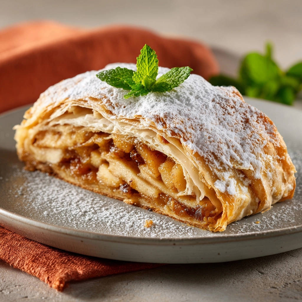 Apfelstrudel wie vom Konditor als angeschnittene Portion auf einem Teller, bestäubt mit Puderzucker und garniert mit frischer Minze.
